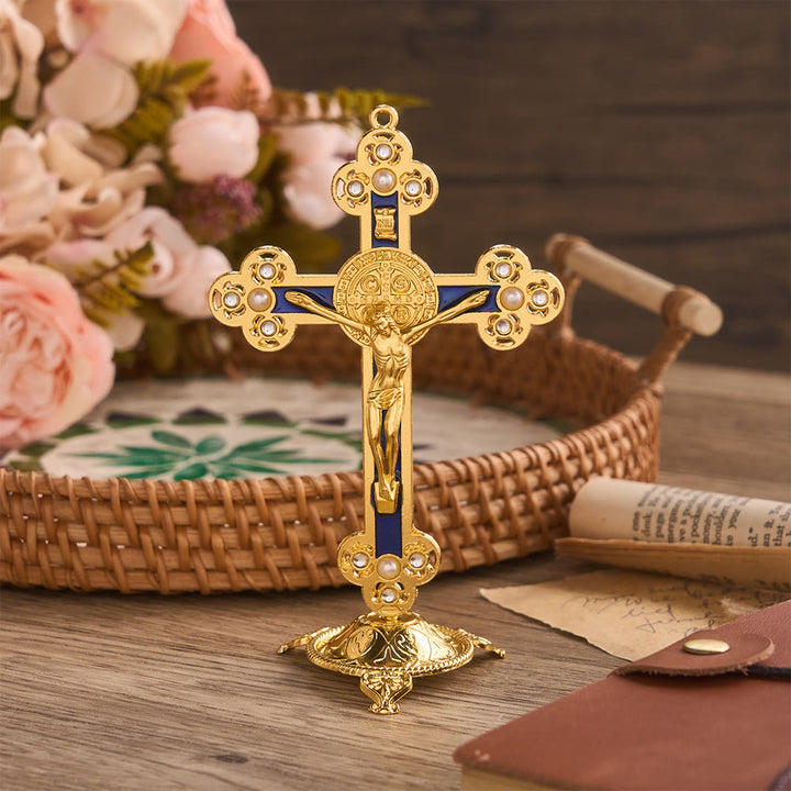Christianartworkshop Prunkvolles St.-Benedikt-Kreuz als Tischdekoration mit Goldfinish und Perlenverzierungen: Ein Symbol göttlichen Schutzes - Blau - image 6