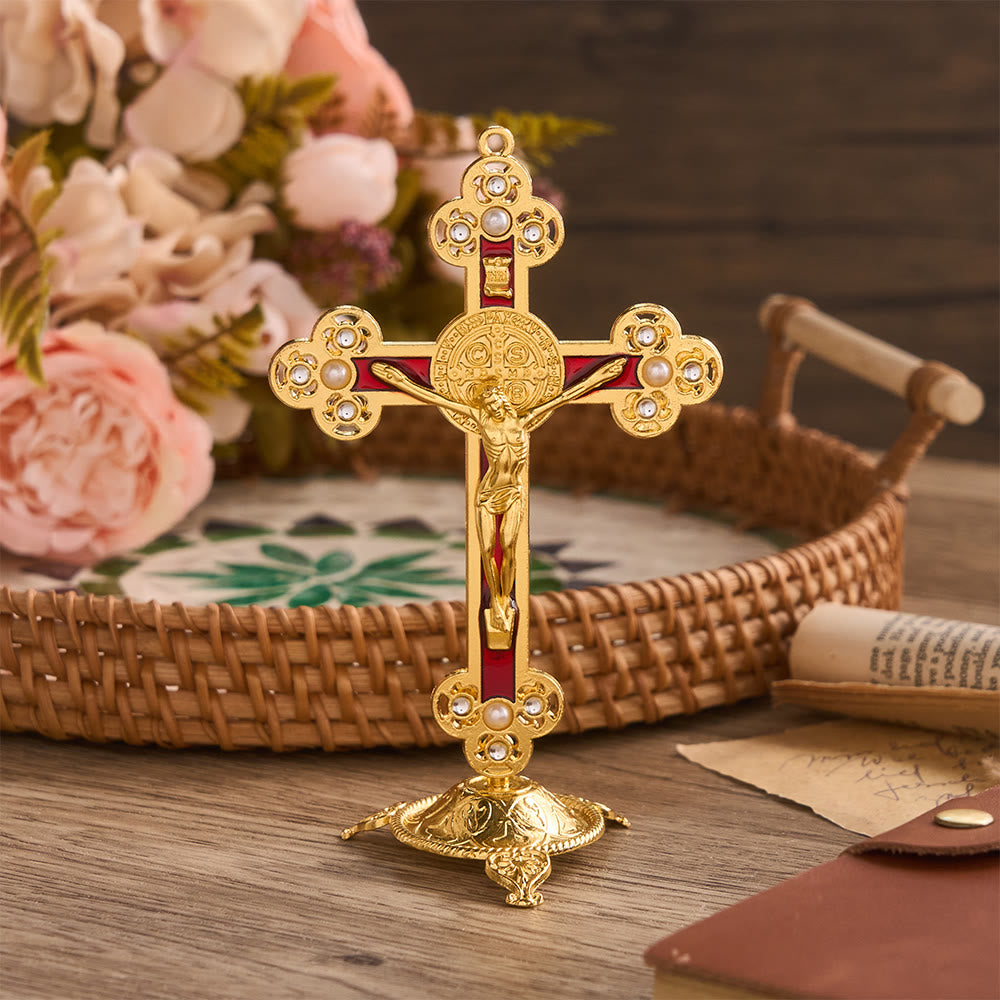 Christianartworkshop Prunkvolles St.-Benedikt-Kreuz als Tischdekoration mit Goldfinish und Perlenverzierungen: Ein Symbol göttlichen Schutzes - Rot - image 3