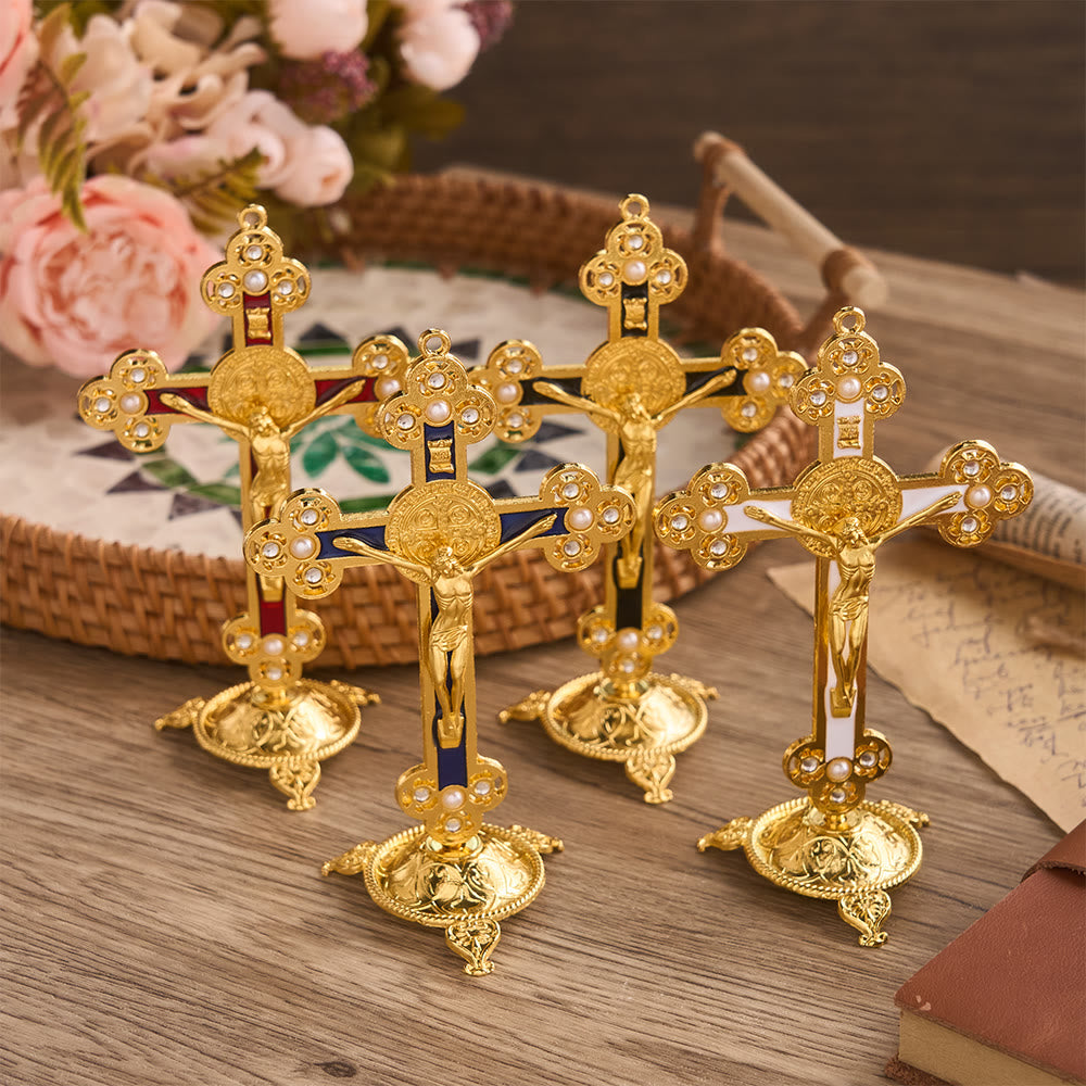 Christianartworkshop Prunkvolles St.-Benedikt-Kreuz als Tischdekoration mit Goldfinish und Perlenverzierungen: Ein Symbol göttlichen Schutzes - image 0