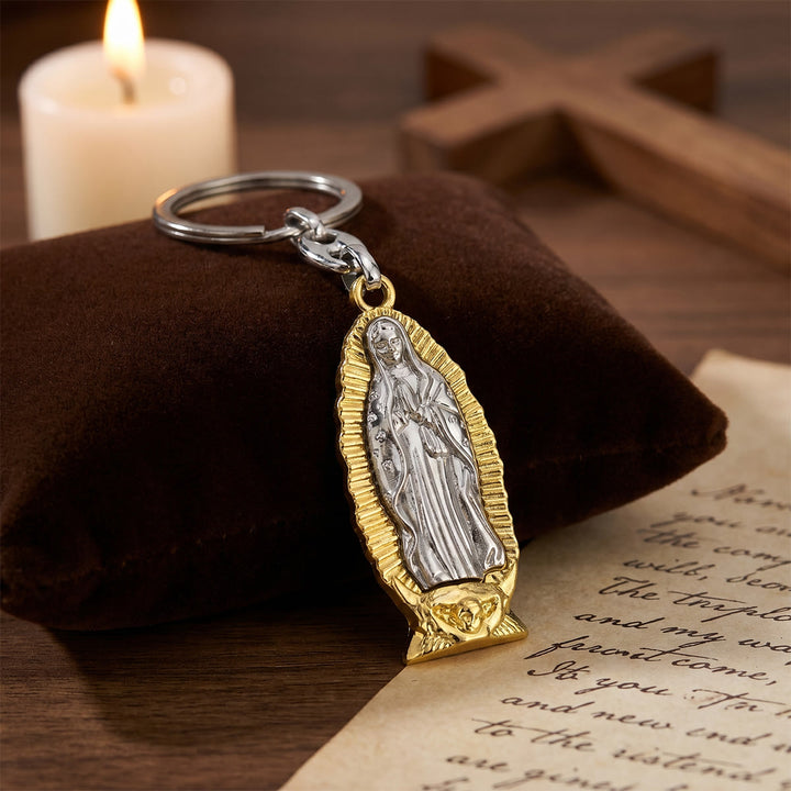 Christianartworkshop Zweifarbiger Schlüsselanhänger Unserer Lieben Frau von Guadalupe mit strahlendem Rand: Eine Erinnerung an göttlichen Schutz - Silber - image 3