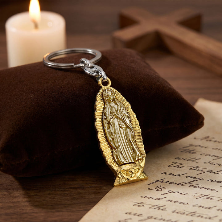 Christianartworkshop Zweifarbiger Schlüsselanhänger Unserer Lieben Frau von Guadalupe mit strahlendem Rand: Eine Erinnerung an göttlichen Schutz - Golden - image 0