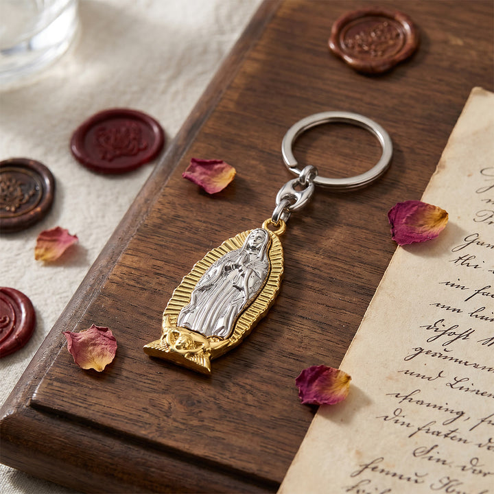 Christianartworkshop Zweifarbiger Schlüsselanhänger Unserer Lieben Frau von Guadalupe mit strahlendem Rand: Eine Erinnerung an göttlichen Schutz - image 4