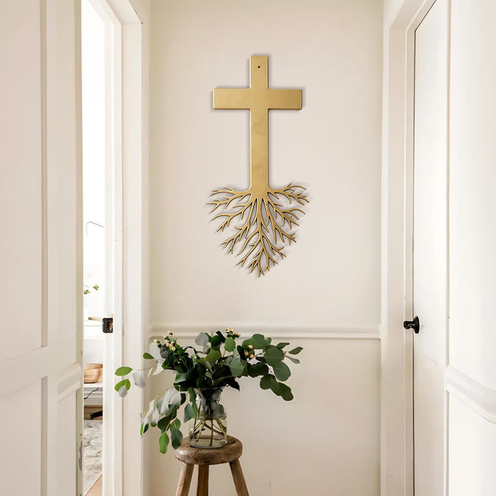 Christianartworkshop Modernes Kreuz mit Wurzeln als Wanddekoration aus Metall: Ein kraftvolles Zeichen wachsenden Glaubens - image 3