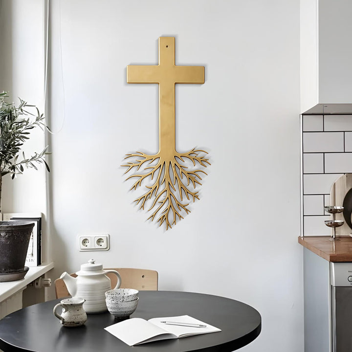Christianartworkshop Modernes Kreuz mit Wurzeln als Wanddekoration aus Metall: Ein kraftvolles Zeichen wachsenden Glaubens - image 2