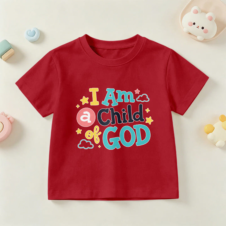 Christianartworkshop Andachtsvolles, verspieltes Wolken- und Sternenmotiv – Ich bin ein Kind Gottes – Kinder-T-Shirt - Rot - US/GB/AU 14, EU 170 - image 0