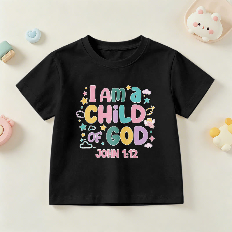 Christianartworkshop Verspieltes Engel- und Sternenmotiv „Ich bin ein Kind Gottes“ (Johannes 1,12) Kinder-T-Shirt - Schwarz - US/GB/AU 14, EU 170 - image 0