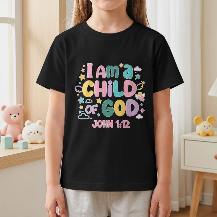Christianartworkshop Verspieltes Engel- und Sternenmotiv „Ich bin ein Kind Gottes“ (Johannes 1,12) Kinder-T-Shirt - image 2