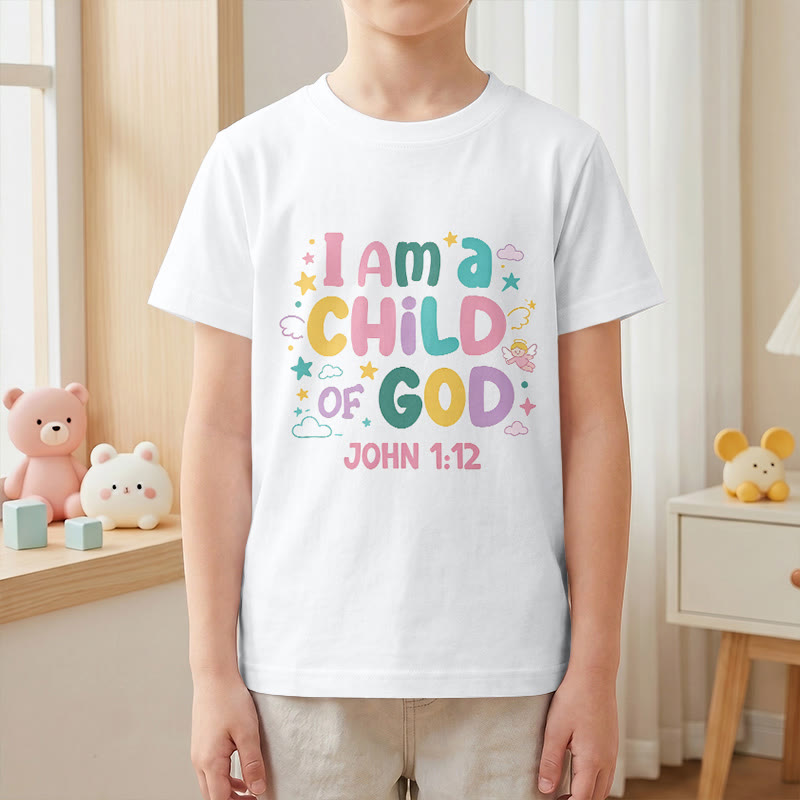 Christianartworkshop Verspieltes Engel- und Sternenmotiv „Ich bin ein Kind Gottes“ (Johannes 1,12) Kinder-T-Shirt - image 19