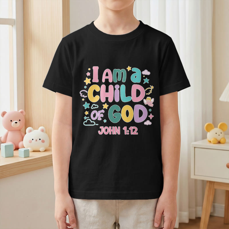 Christianartworkshop Verspieltes Engel- und Sternenmotiv „Ich bin ein Kind Gottes“ (Johannes 1,12) Kinder-T-Shirt - image 1