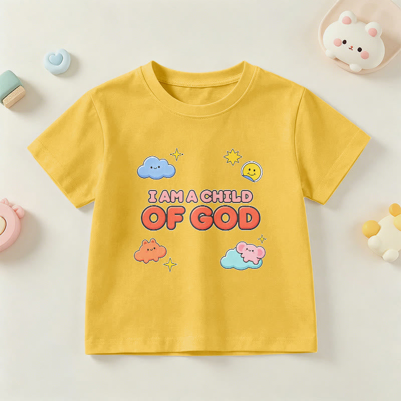 Christianartworkshop Verspieltes T-Shirt mit lächelnder Wolke und Sonne – Ich bin ein Kind Gottes - Gelb - US/GB/AU 14, EU 170 - image 27
