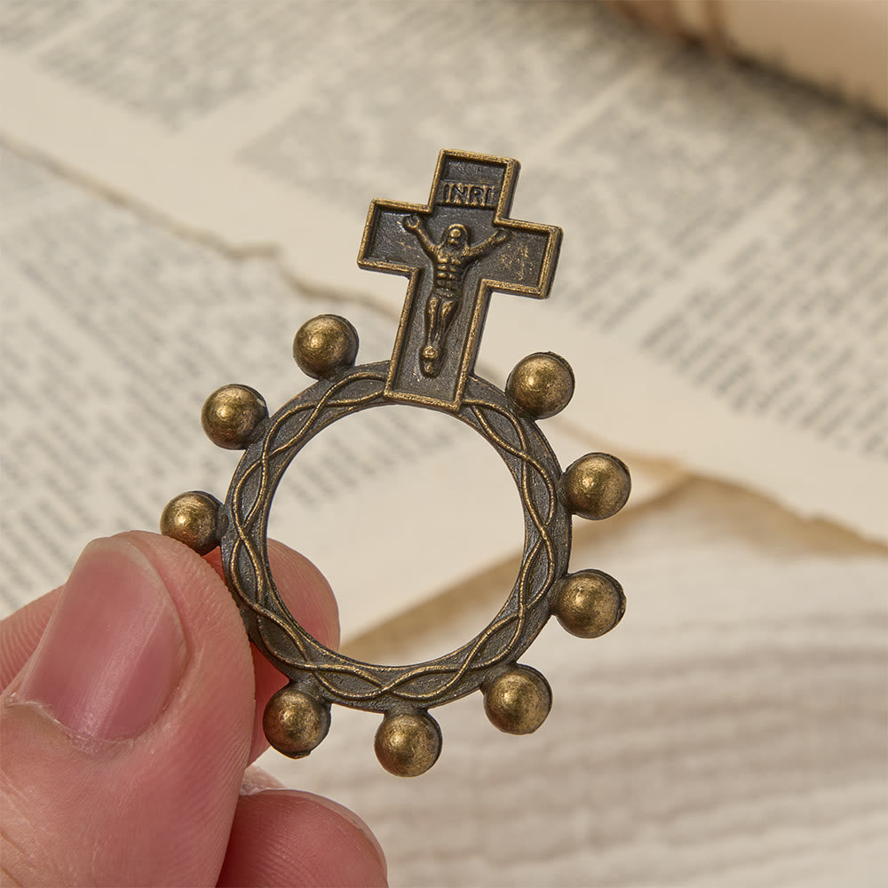 Christianartworkshop Zweifarbiger Fingerrosenkranz mit Kruzifix, geprägtem Jesusbild und Perlenkranz: Eine Erinnerung an die göttliche Gnade - Bronze - Set mit 10 Stück - image 0