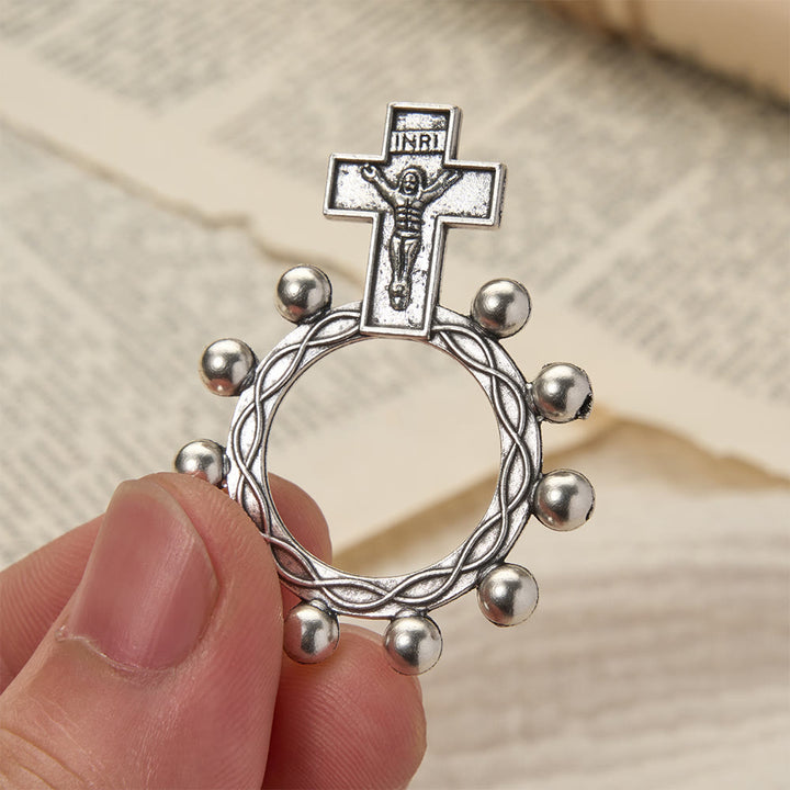 Christianartworkshop Zweifarbiger Fingerrosenkranz mit Kruzifix, geprägtem Jesusbild und Perlenkranz: Eine Erinnerung an die göttliche Gnade - Silber - Set mit 10 Stück - image 6