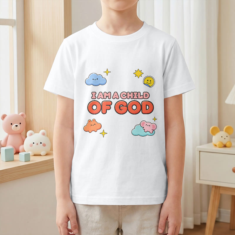 Christianartworkshop Verspieltes T-Shirt mit lächelnder Wolke und Sonne – Ich bin ein Kind Gottes - image 1