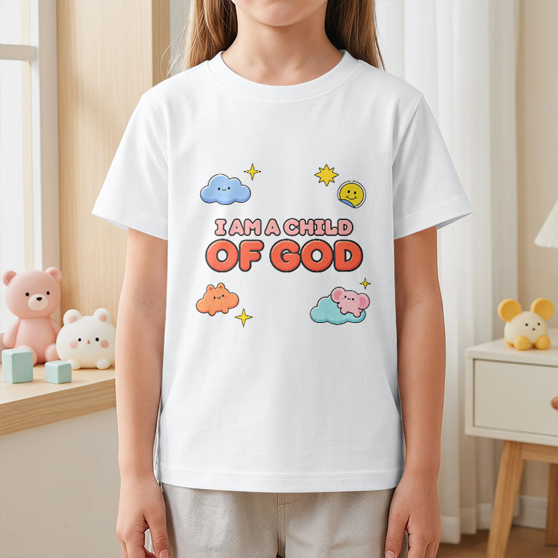 Christianartworkshop Verspieltes T-Shirt mit lächelnder Wolke und Sonne – Ich bin ein Kind Gottes - image 2