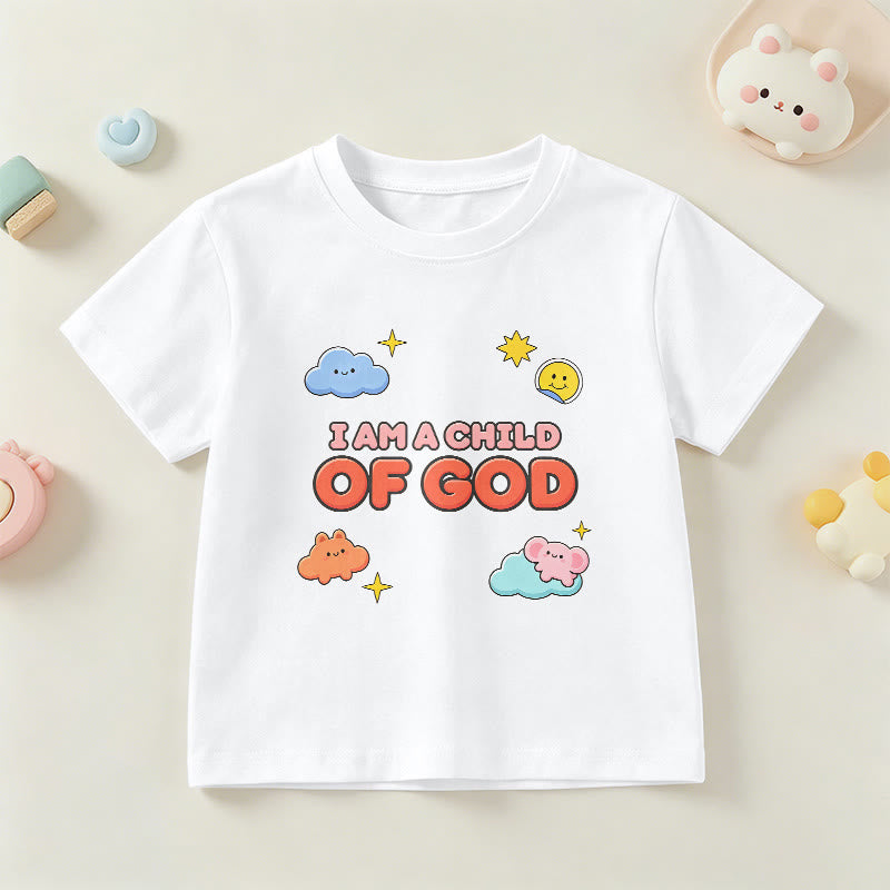 Christianartworkshop Verspieltes T-Shirt mit lächelnder Wolke und Sonne – Ich bin ein Kind Gottes - Weiß - US/GB/AU 14, EU 170 - image 0