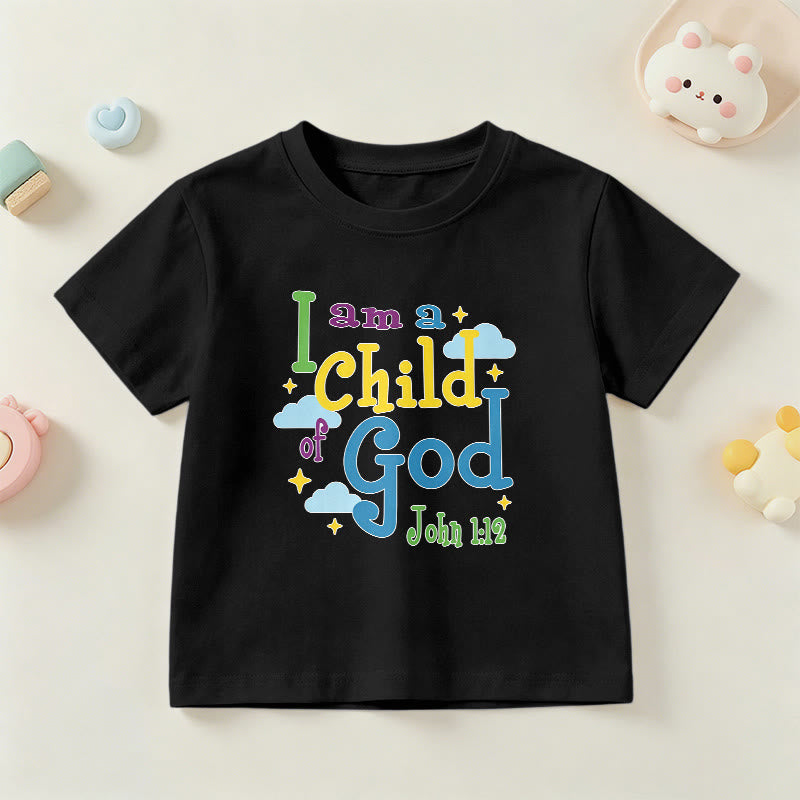 Christianartworkshop Aufmunterndes, verspieltes Wolken- und Sternenmotiv – Ich bin ein Kind Gottes (Johannes 1,12) – Kinder-T-Shirt - Schwarz - US/GB/AU 14, EU 170 - image 24