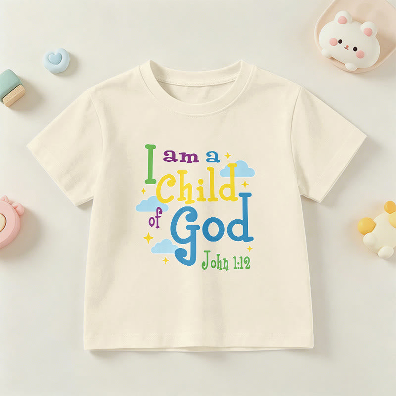 Christianartworkshop Aufmunterndes, verspieltes Wolken- und Sternenmotiv – Ich bin ein Kind Gottes (Johannes 1,12) – Kinder-T-Shirt - Beige - US/GB/AU 14, EU 170 - image 21