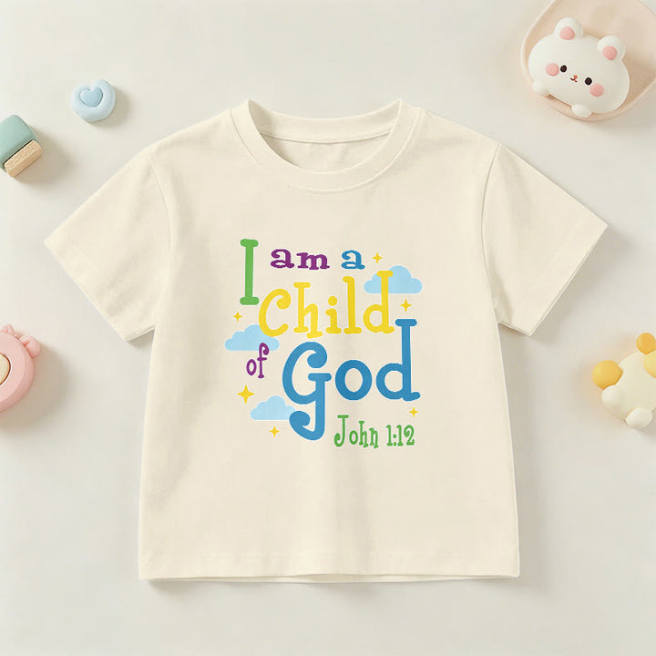 Christianartworkshop Aufmunterndes, verspieltes Wolken- und Sternenmotiv – Ich bin ein Kind Gottes (Johannes 1,12) – Kinder-T-Shirt - Beige - US/GB/AU 14, EU 170 - image 21