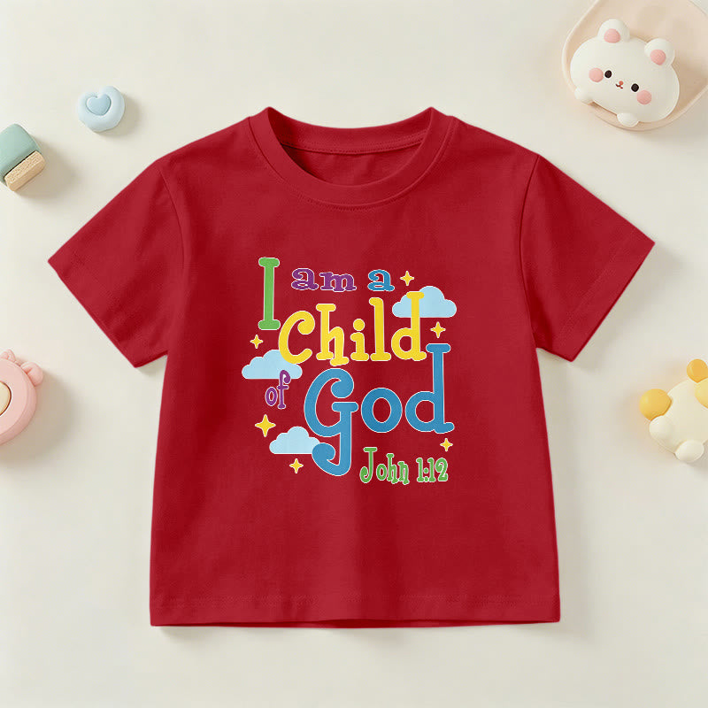 Christianartworkshop Aufmunterndes, verspieltes Wolken- und Sternenmotiv – Ich bin ein Kind Gottes (Johannes 1,12) – Kinder-T-Shirt - Rot - US/GB/AU 14, EU 170 - image 0
