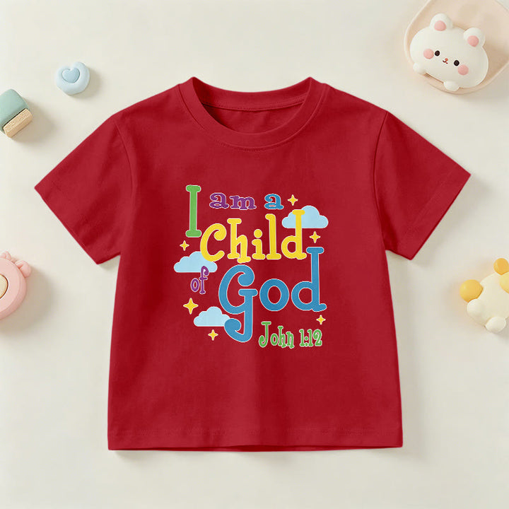 Christianartworkshop Aufmunterndes, verspieltes Wolken- und Sternenmotiv – Ich bin ein Kind Gottes (Johannes 1,12) – Kinder-T-Shirt - Rot - US/GB/AU 14, EU 170 - image 0
