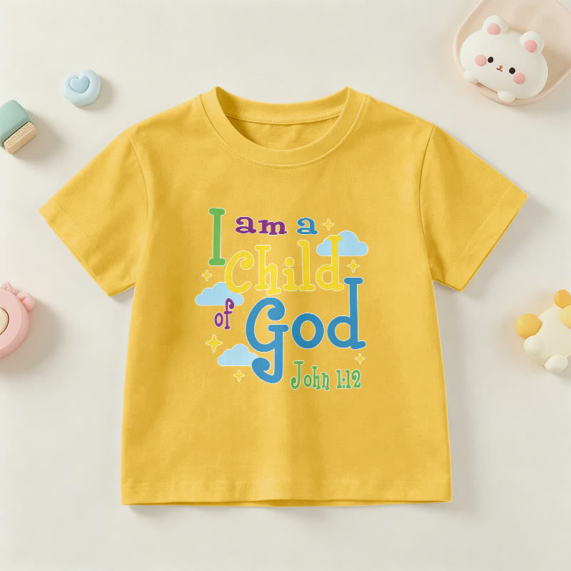 Christianartworkshop Aufmunterndes, verspieltes Wolken- und Sternenmotiv – Ich bin ein Kind Gottes (Johannes 1,12) – Kinder-T-Shirt - Gelb - US/GB/AU 14, EU 170 - image 27
