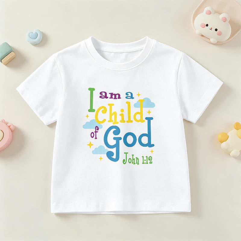 Christianartworkshop Aufmunterndes, verspieltes Wolken- und Sternenmotiv – Ich bin ein Kind Gottes (Johannes 1,12) – Kinder-T-Shirt - Weiß - US/GB/AU 14, EU 170 - image 3