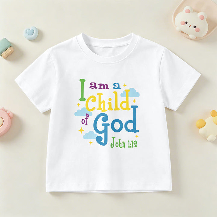 Christianartworkshop Aufmunterndes, verspieltes Wolken- und Sternenmotiv – Ich bin ein Kind Gottes (Johannes 1,12) – Kinder-T-Shirt - Weiß - US/GB/AU 14, EU 170 - image 3