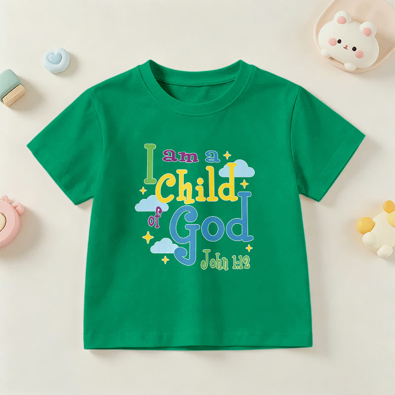 Christianartworkshop Aufmunterndes, verspieltes Wolken- und Sternenmotiv – Ich bin ein Kind Gottes (Johannes 1,12) – Kinder-T-Shirt - Grün - US/GB/AU 14, EU 170 - image 15