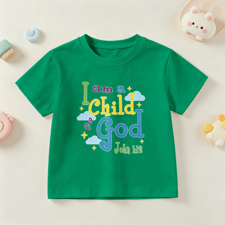 Christianartworkshop Aufmunterndes, verspieltes Wolken- und Sternenmotiv – Ich bin ein Kind Gottes (Johannes 1,12) – Kinder-T-Shirt - Grün - US/GB/AU 14, EU 170 - image 15