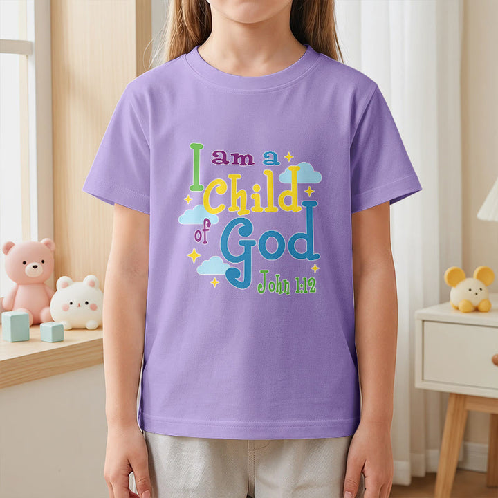 Christianartworkshop Aufmunterndes, verspieltes Wolken- und Sternenmotiv – Ich bin ein Kind Gottes (Johannes 1,12) – Kinder-T-Shirt - image 11