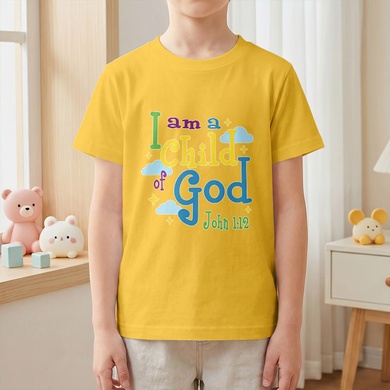 Christianartworkshop Aufmunterndes, verspieltes Wolken- und Sternenmotiv – Ich bin ein Kind Gottes (Johannes 1,12) – Kinder-T-Shirt - image 28