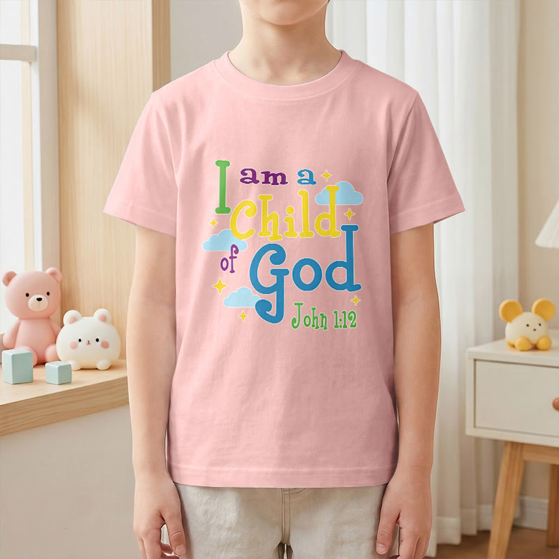 Christianartworkshop Aufmunterndes, verspieltes Wolken- und Sternenmotiv – Ich bin ein Kind Gottes (Johannes 1,12) – Kinder-T-Shirt - image 13