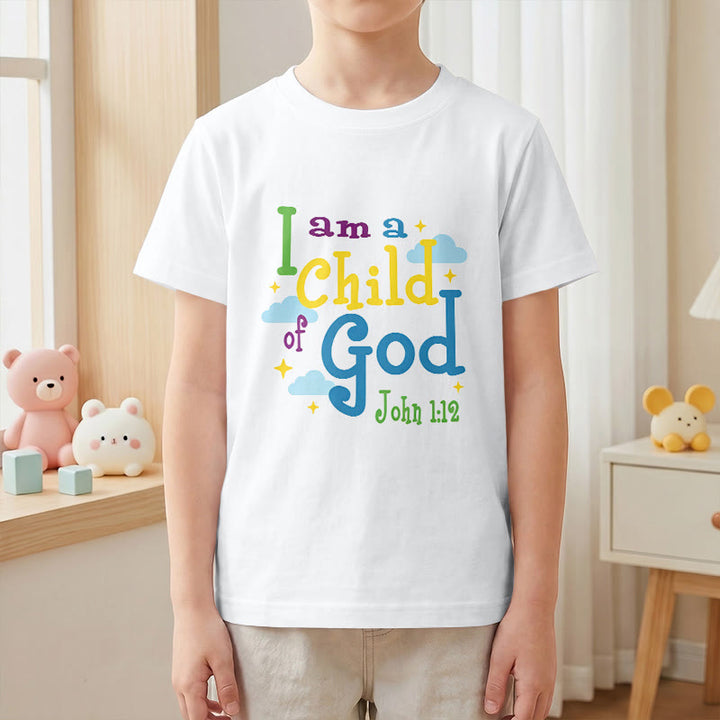 Christianartworkshop Aufmunterndes, verspieltes Wolken- und Sternenmotiv – Ich bin ein Kind Gottes (Johannes 1,12) – Kinder-T-Shirt - image 4