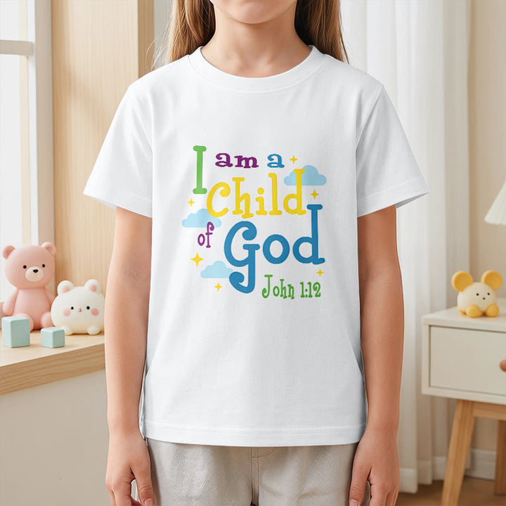 Christianartworkshop Aufmunterndes, verspieltes Wolken- und Sternenmotiv – Ich bin ein Kind Gottes (Johannes 1,12) – Kinder-T-Shirt - image 5