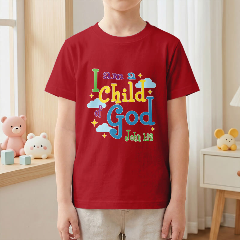 Christianartworkshop Aufmunterndes, verspieltes Wolken- und Sternenmotiv – Ich bin ein Kind Gottes (Johannes 1,12) – Kinder-T-Shirt - image 1