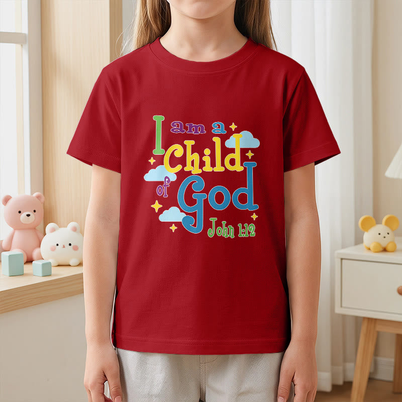 Christianartworkshop Aufmunterndes, verspieltes Wolken- und Sternenmotiv – Ich bin ein Kind Gottes (Johannes 1,12) – Kinder-T-Shirt - image 2