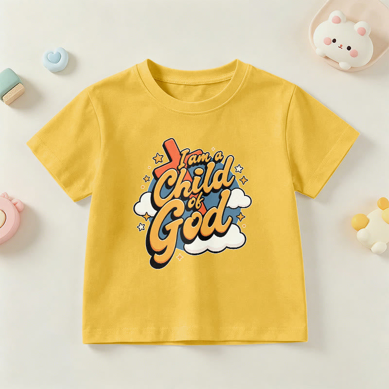 Christianartworkshop Verspieltes Kreuz- und Wolkenmotiv – Ich bin ein Kind Gottes – Kinder-T-Shirt - Gelb - US/GB/AU 14, EU 170 - image 0