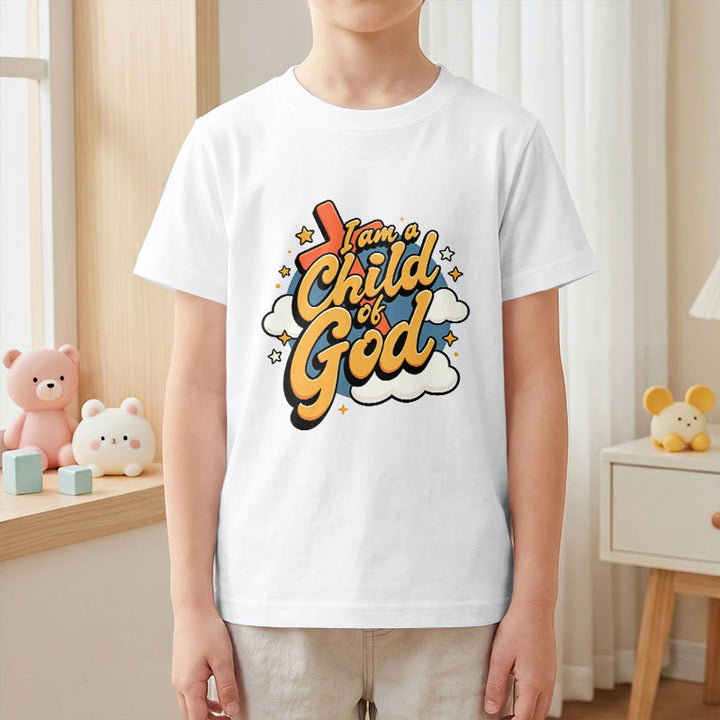 Christianartworkshop Verspieltes Kreuz- und Wolkenmotiv – Ich bin ein Kind Gottes – Kinder-T-Shirt - image 4