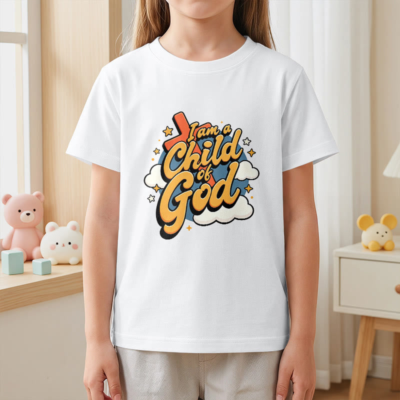 Christianartworkshop Verspieltes Kreuz- und Wolkenmotiv – Ich bin ein Kind Gottes – Kinder-T-Shirt - image 5