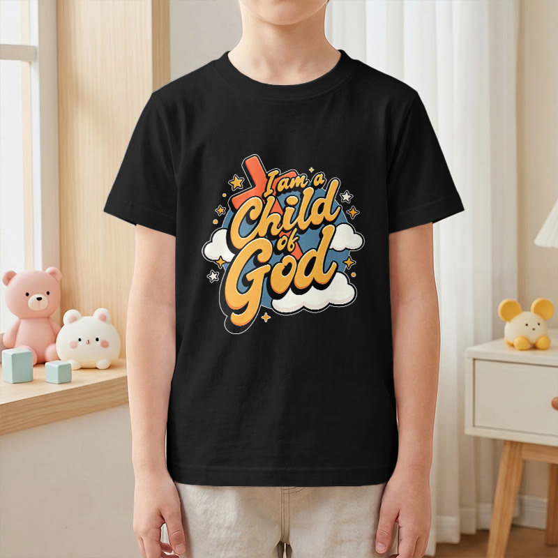 Christianartworkshop Verspieltes Kreuz- und Wolkenmotiv – Ich bin ein Kind Gottes – Kinder-T-Shirt - image 28