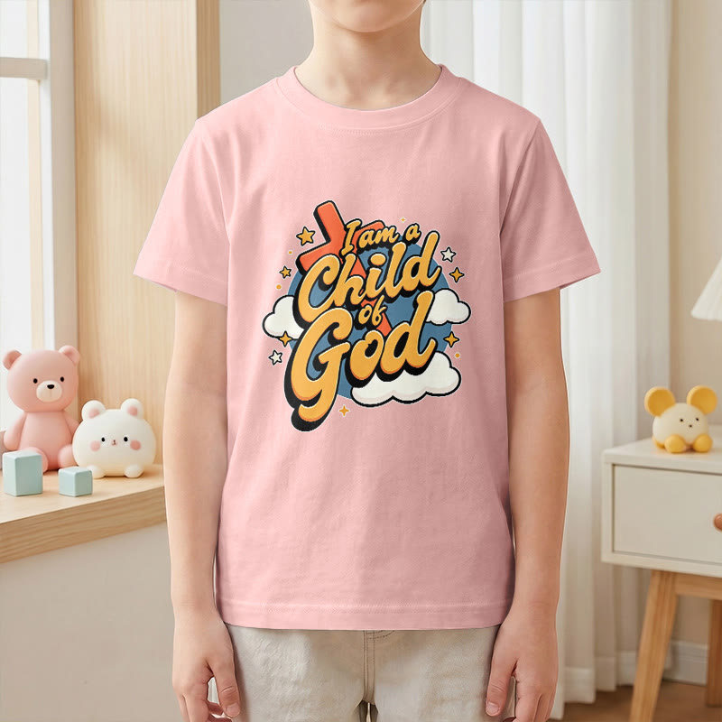 Christianartworkshop Verspieltes Kreuz- und Wolkenmotiv – Ich bin ein Kind Gottes – Kinder-T-Shirt - image 16