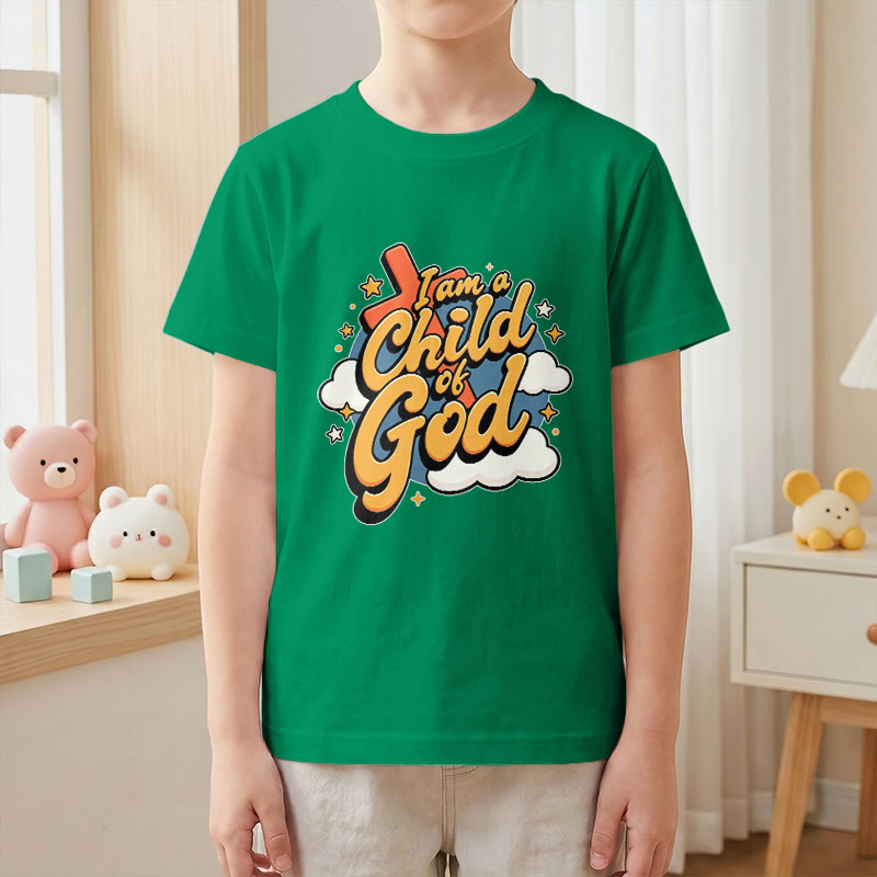 Christianartworkshop Verspieltes Kreuz- und Wolkenmotiv – Ich bin ein Kind Gottes – Kinder-T-Shirt - image 19