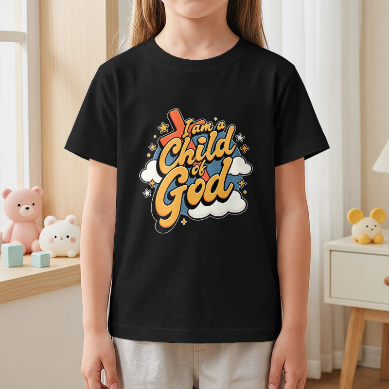Christianartworkshop Verspieltes Kreuz- und Wolkenmotiv – Ich bin ein Kind Gottes – Kinder-T-Shirt - image 29