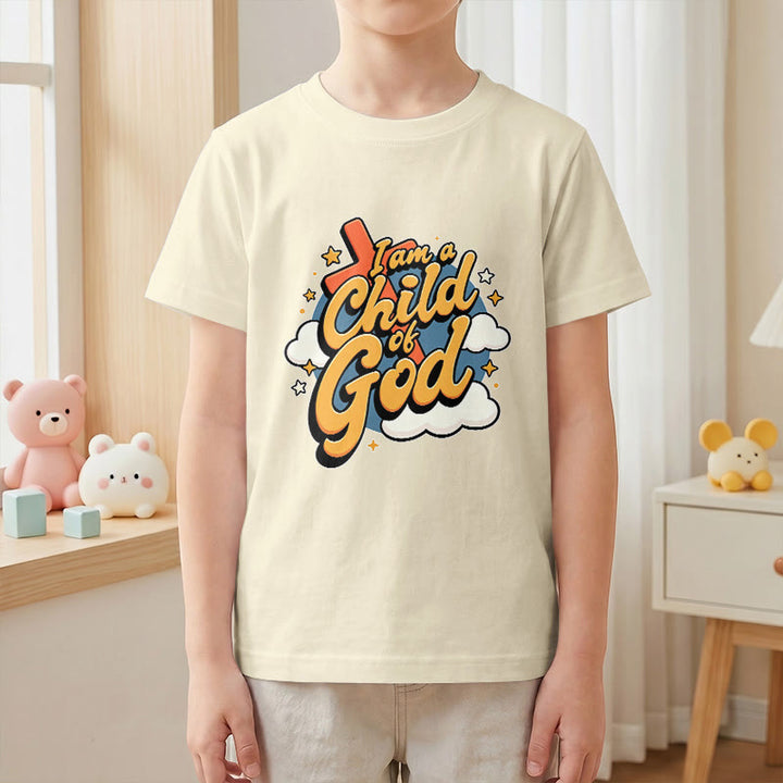 Christianartworkshop Verspieltes Kreuz- und Wolkenmotiv – Ich bin ein Kind Gottes – Kinder-T-Shirt - image 25