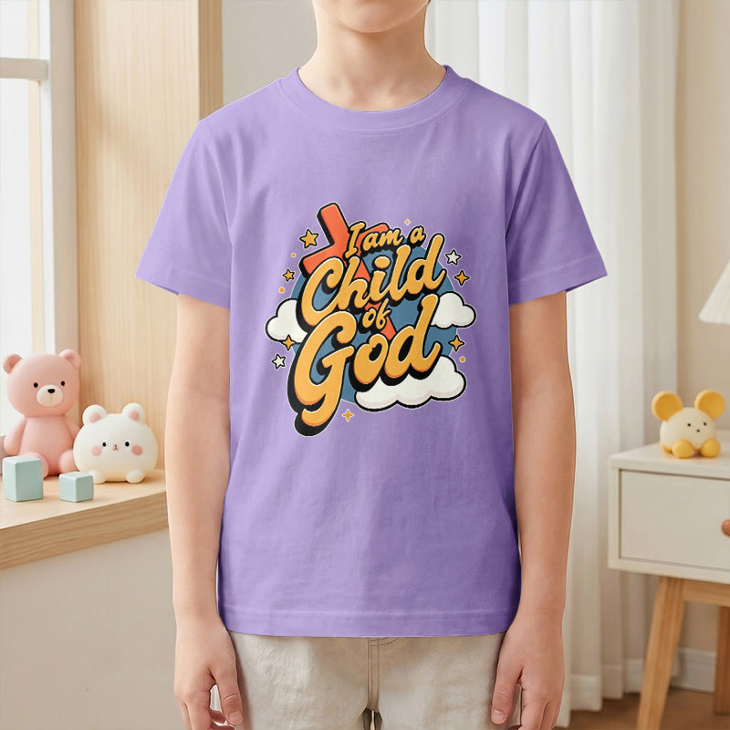 Christianartworkshop Verspieltes Kreuz- und Wolkenmotiv – Ich bin ein Kind Gottes – Kinder-T-Shirt - image 10
