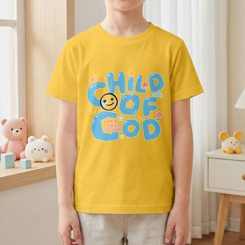 Christianartworkshop Kinder-T-Shirt mit verspieltem Smiley-Gesicht und Blumenmuster – Kind Gottes - image 1