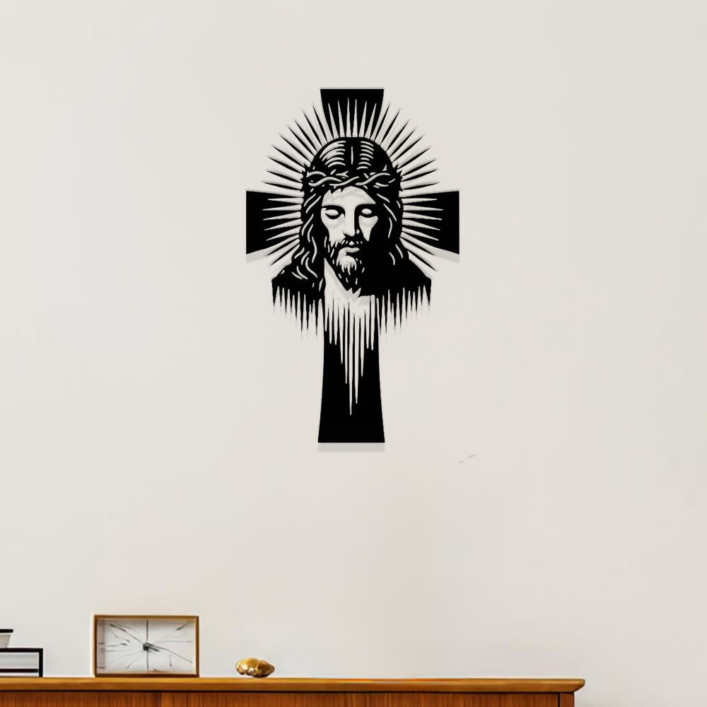 Christianartworkshop Strahlendes Jesuskreuz aus Metall als Wanddekoration: Ein Symbol göttlichen Lichts und göttlicher Gnade - image 0
