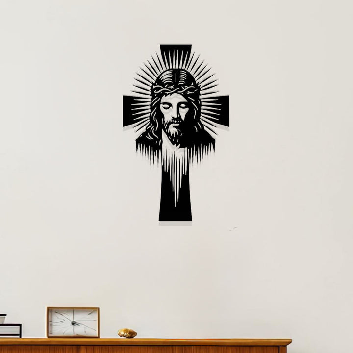 Christianartworkshop Strahlendes Jesuskreuz aus Metall als Wanddekoration: Ein Symbol göttlichen Lichts und göttlicher Gnade - image 0