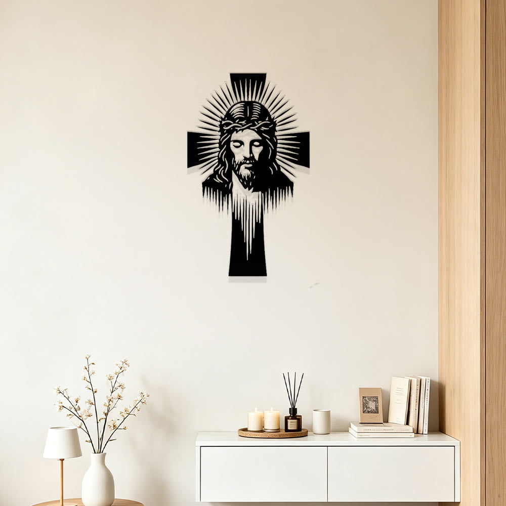Christianartworkshop Strahlendes Jesuskreuz aus Metall als Wanddekoration: Ein Symbol göttlichen Lichts und göttlicher Gnade - image 3