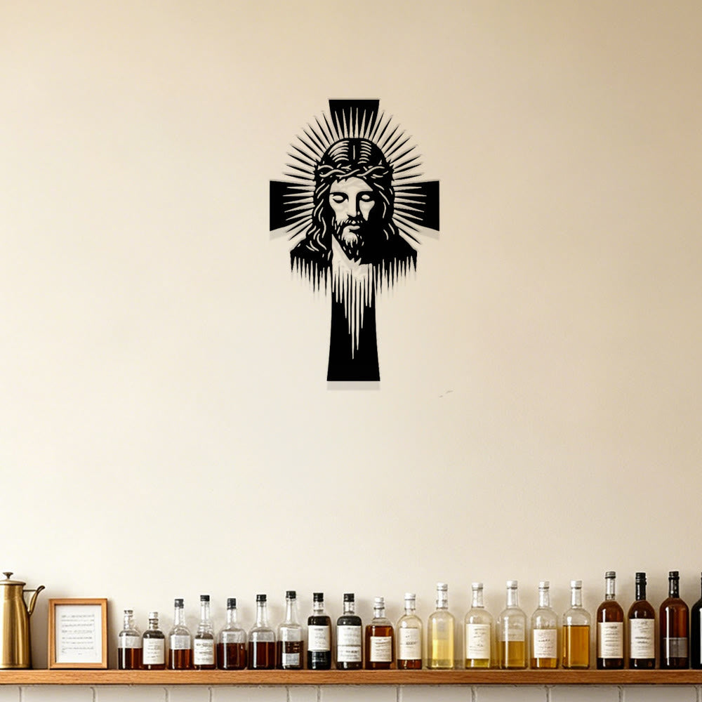 Christianartworkshop Strahlendes Jesuskreuz aus Metall als Wanddekoration: Ein Symbol göttlichen Lichts und göttlicher Gnade - image 4